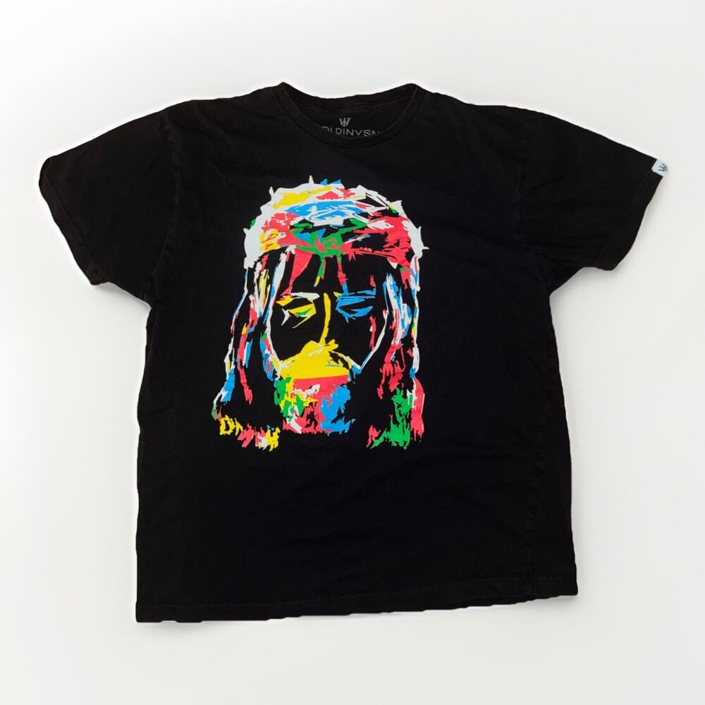 Abstract Jesus Face Graphic T-Shirt Color Splash Streetwear Large 20x25